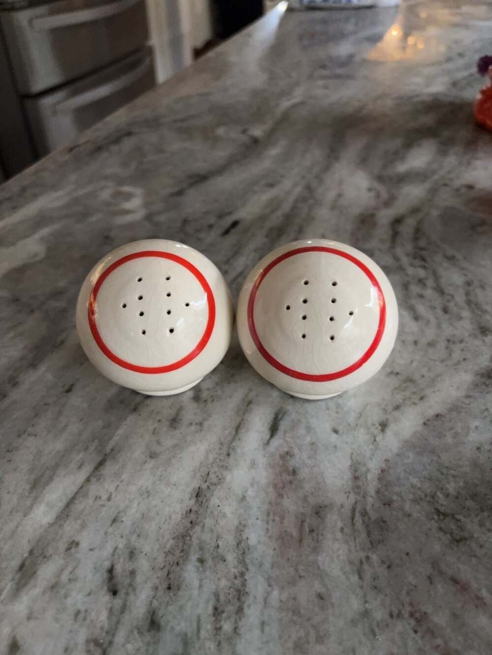 Vintage Round White Ball Red Stripe Salt and Pepper Shakers with Rose Print Gold - Picture 2 of 4